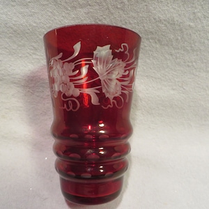 Vintage Ruby Engraved to Clear Bohemian Glass Juice Glass Featuring A Grape and Grapevine Pattern