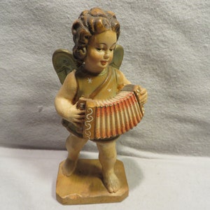 Vintage Alpine (Anri?) 6 1/2&quot; Tall Carved Wood Cherub Playing an Accordion