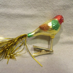 Vintage Blown Glasas Clip-On Christmas Ornament - Red Headed Bird with Gold Foil Tail