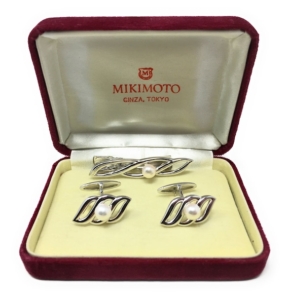 Vintage Mikimoto Silver Cuff Links and Tie Clip - image 1