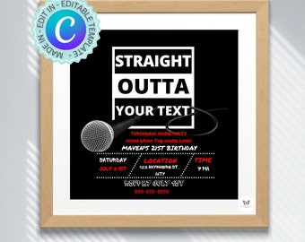 90er Jahre Hip Hop Party-Einladung, Straight Outta Invite (Canva bearbeitbar, digitaler Download)
