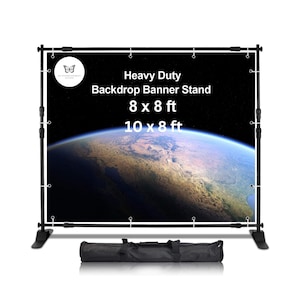 May include: Black heavy duty backdrop banner stand with adjustable height. The stand is 8 feet wide by 8 feet tall or 10 feet wide by 8 feet tall. The stand is shown with a black backdrop featuring a photo of Earth. The stand comes with a black carrying case.