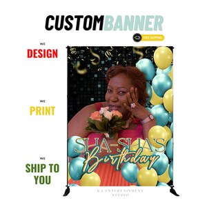 May include: A custom vertical banner featuring a black background with a grid pattern and gold confetti. The banner displays a photograph of a person holding a bouquet, surrounded by teal and yellow balloons, with the text SHA-SHA'S Birthday.