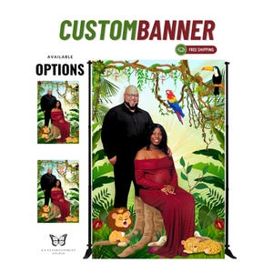 Peut inclure: Une bannière personnalisée avec le texte "CUSTOMBANNER" en vert. La bannière présente un couple posant devant une toile de fond sur le thème de la jungle avec un perroquet, un toucan et des animaux de dessin animé. La bannière est disponible en plusieurs options.