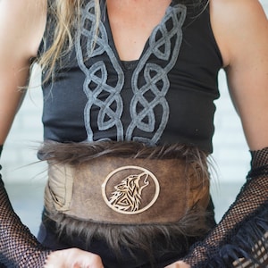 Viking Woman Costume: Celtic Shirt, Wolf Belt, Faux Fur Armbands