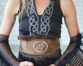 Viking Woman Costume: Celtic Shirt, Wolf Belt, Faux Fur Armbands