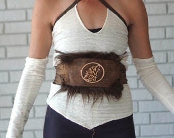 Viking Woman Costume: Faux Fur Wolf Belt, Fringe Skirt Cosplay