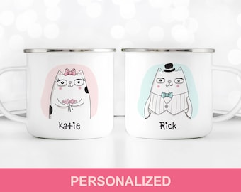 Cat couple mug Mr Mrs camping engagement wedding shower gift cat lovers enamel camp coffee mug set funny cute his her coffee cup cat owner