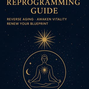 May include: A book cover with a dark blue background and gold text. The title reads "CELLULAR REPROGRAMMING GUIDE". Additional text includes "REVERSE AGING • AWAKEN VITALITY • RENEW YOUR BLUEPRINT" and "MEDITATION • RITUAL • MINDSET". A gold illustration of a person meditating is in the centre.
