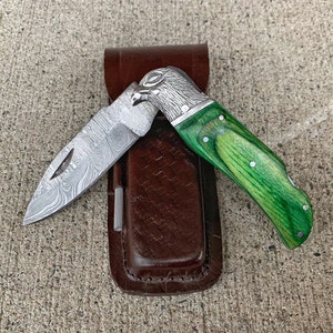 Christmas Gift - Eagle Head Engraved Handmade Damascus Folding Knife For Hunting Fishing Camping And Outdoor Activities-Perfect Gift For Him