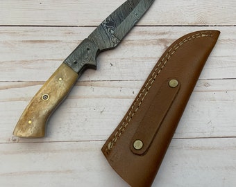 Traditional Style - 9" Hand Made Damascus steel hunting Fishing Camping and outdoor use knife, with Camal Bone Handle - Gift For Him And Her