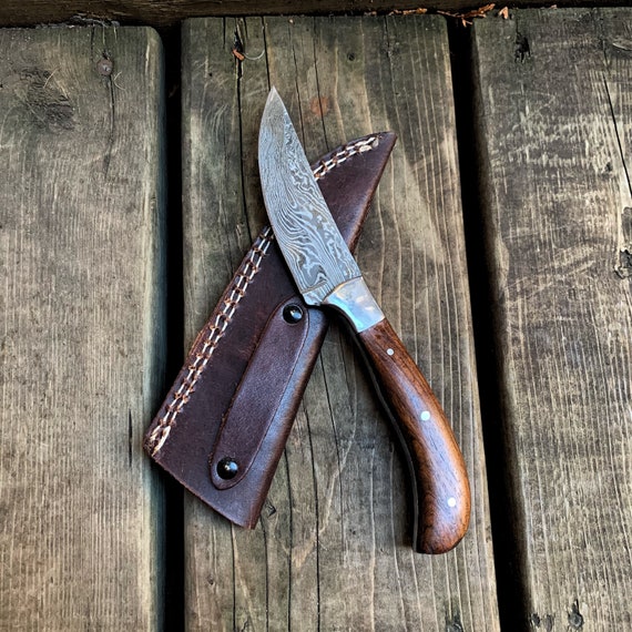 Christmas Gift - Hand Made Damascus fixed blade Hunting Camping Fishing knife with Walnut Wood Handle & Steel Bolster - Gift For Him And Her