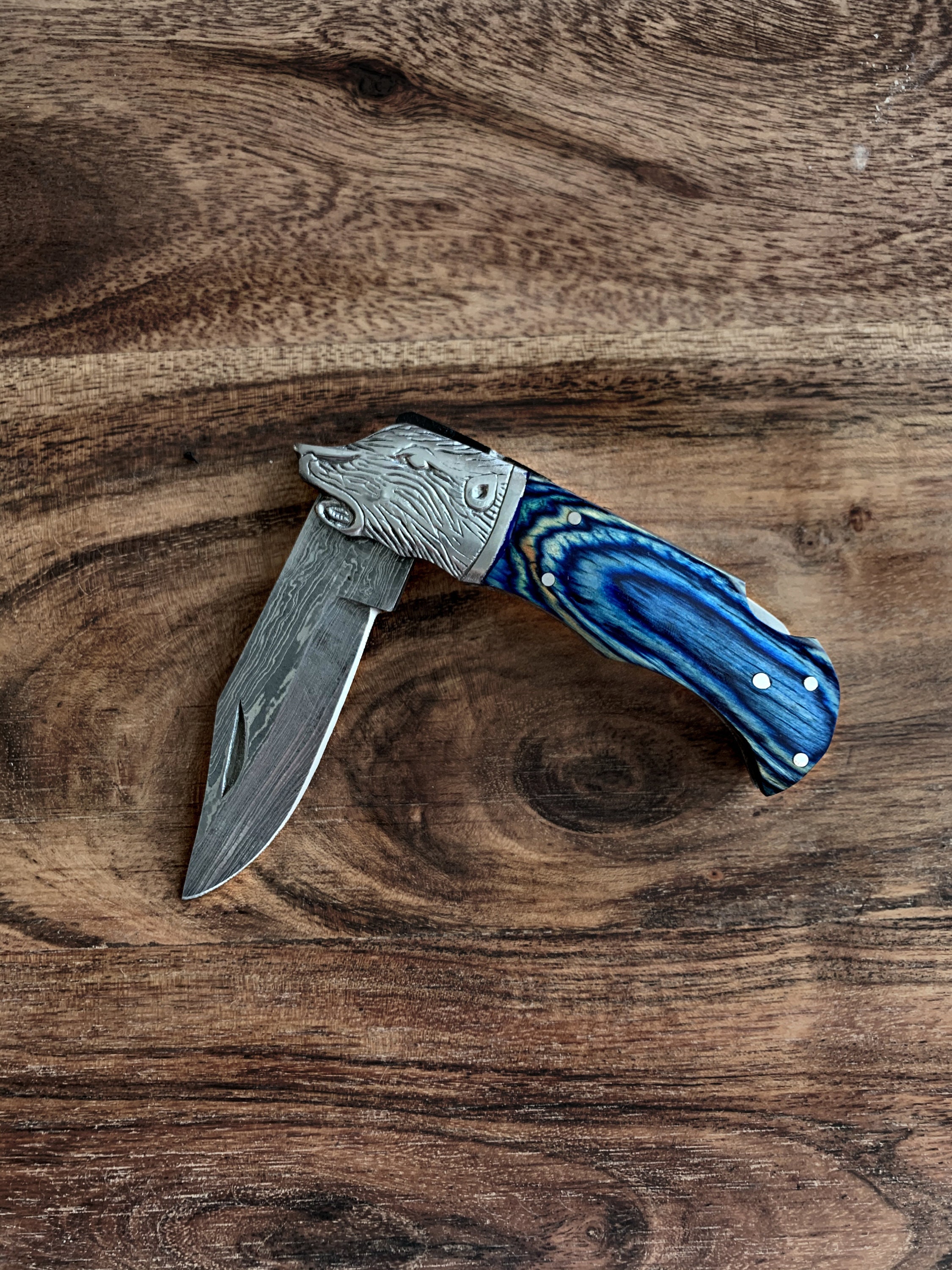 8 Bear Head Engraved Bolster Damascus Steel Handmade Folding Pocket