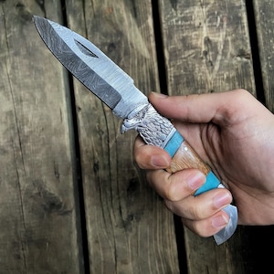 Christmas Gift - Eagle Head Engraved Handmade Damascus Folding Knife- For Hunting Fishing -Blue And Brown Wood Handle - Gift For Him And Her