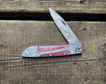 Christmas Gift - Engraved Floral Bolster Handmade Damascus Steel Folding Knife For Hunting Fishing Camping and Outdoor use- Gift For Him/Her