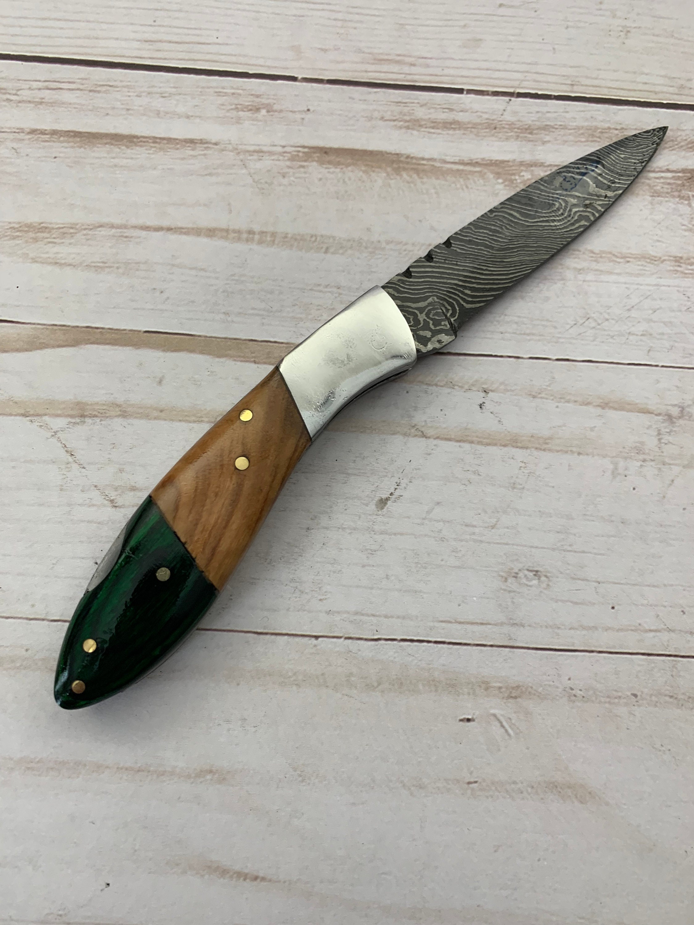 Handmade 7.5 Personal Folding Knife with Olive Wood and Green pakka Wood Handle