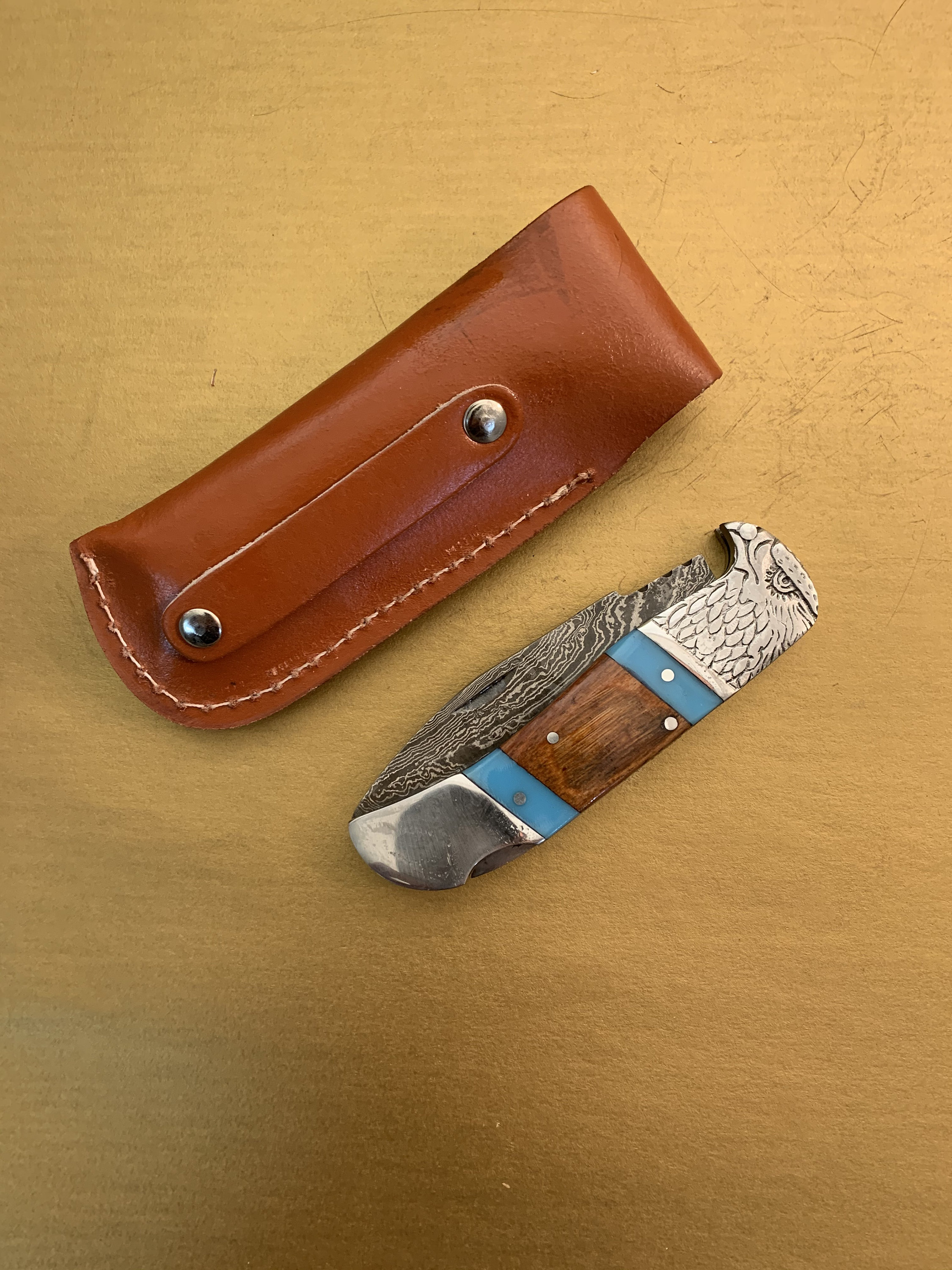 8 Eagle Head Engraved Bolster Handmade Knife With Sharpener Collector