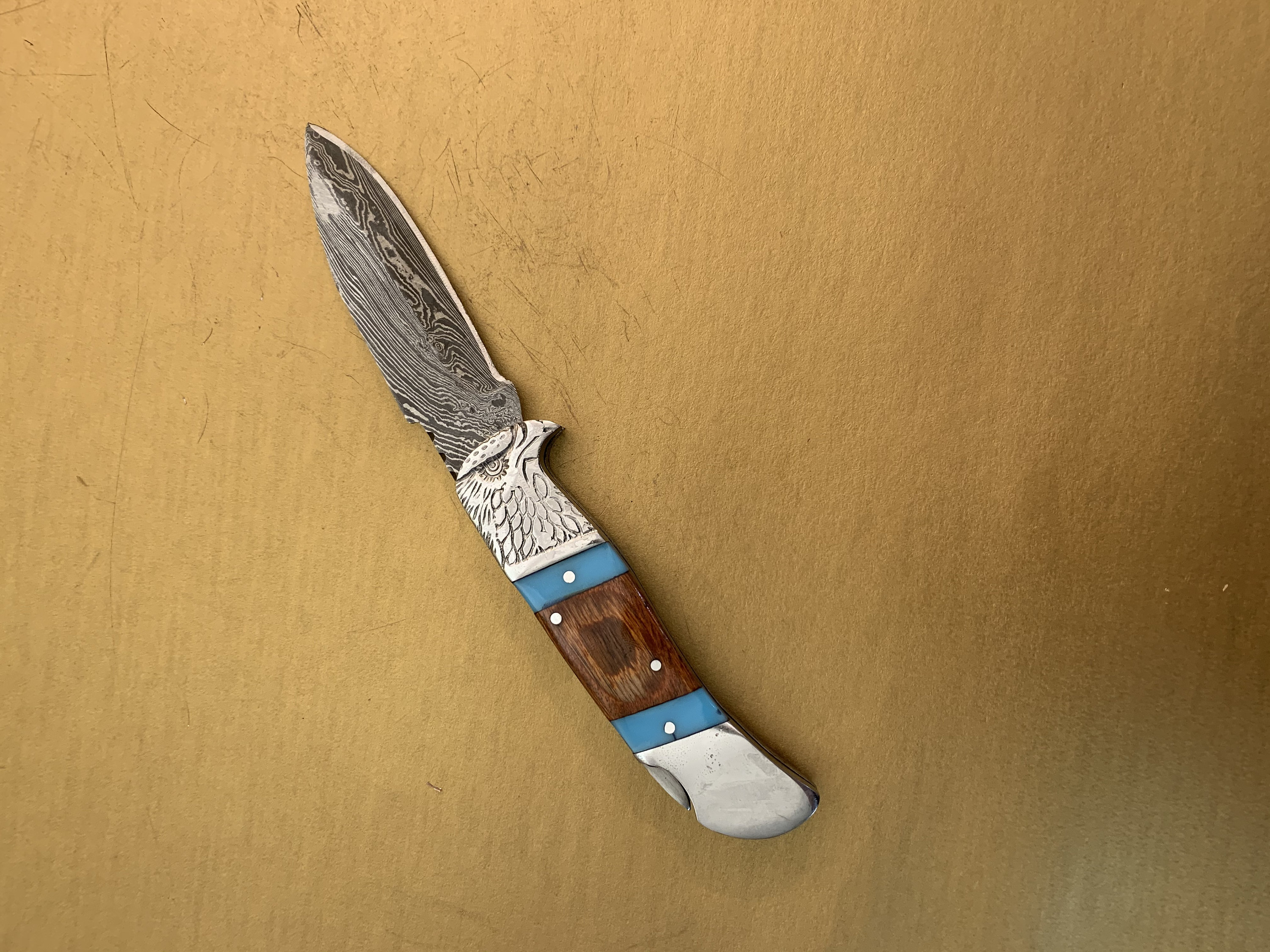 8 Eagle Head Engraved Bolster Handmade Knife With Sharpener Collector