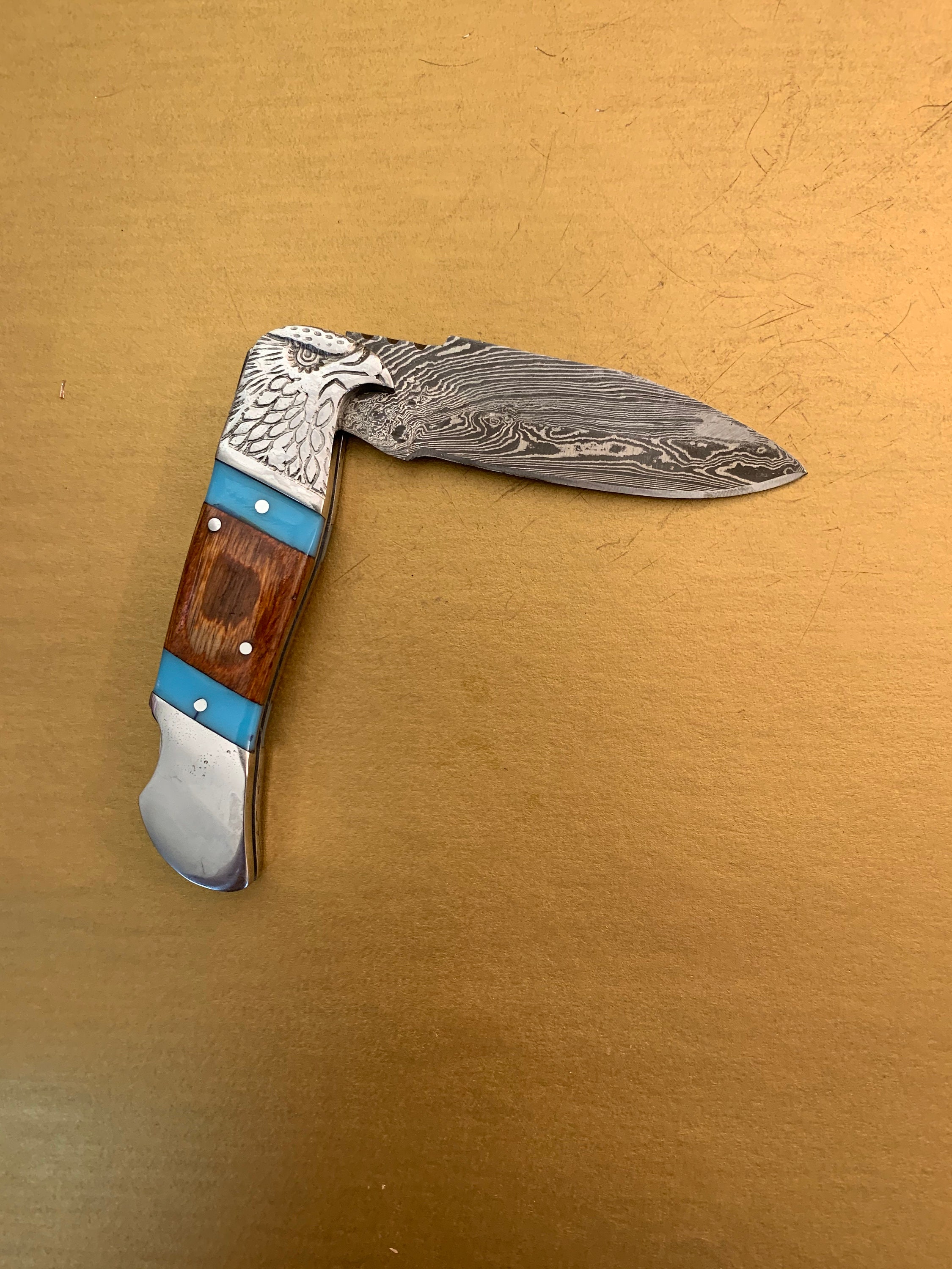 8 Eagle Head Engraved Bolster Handmade Knife With Sharpener Collector