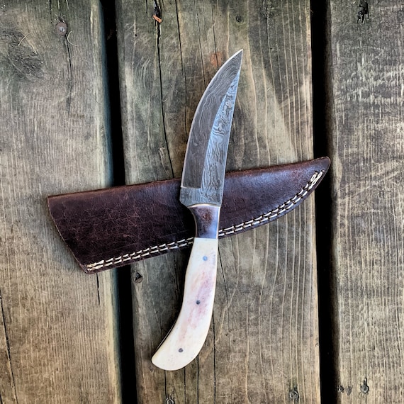 Christmas Gift - Handcrafted Damascus Steel fixed blade hunting and camping knife with Beige Handle & Steel Bolster - Gift For Him And Her