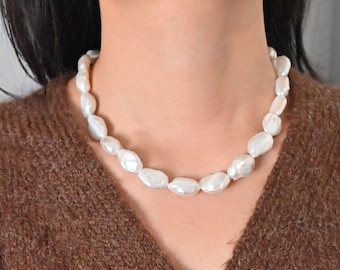 Freshwater Pearl Necklace, 13-14mm flat Freshwater Pearl Necklace, Baroque pearl necklace, High luster pearl necklace