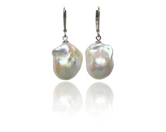 Genuine cultured Freshwater pearl earrings,S925 silver earrings, Baroque pearl earrings, Fireball pearl, lever back Dangle earrings