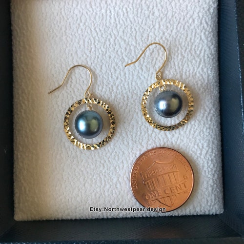 Genuine cultured Tahitian pearl earrings,18k solid shops gold pearl dangle earrings ,round pearl earrings 10.4mm pearl earrings