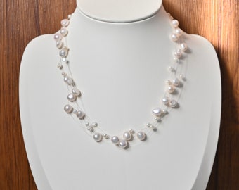 Collier de perles d'eau douce, collier de perles de mariage, collier de perles multirangs, collier de perles flottantes de 2 à 7 mm