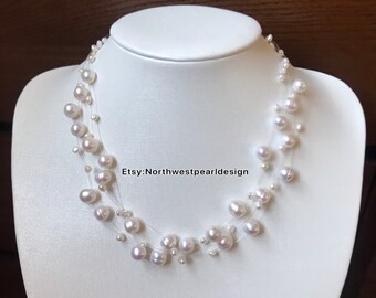 Freshwater pearl necklace,Wedding pearl necklace,multi-strand pearl necklace,2-8mm Floating pearl necklace