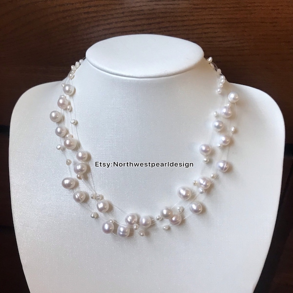 Freshwater pearl necklace,Wedding pearl necklace,multi-strand pearl necklace,2-8mm Floating pearl necklace