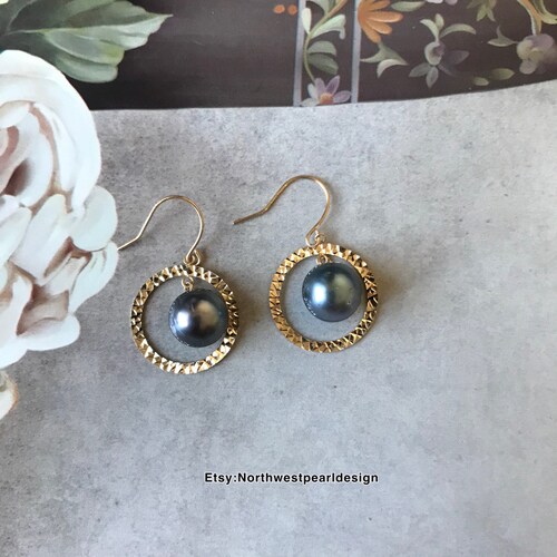 Genuine cultured Tahitian pearl earrings,18k solid shops gold pearl dangle earrings ,round pearl earrings 10.4mm pearl earrings