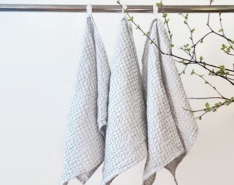 Waffle Towel, Linen Face Towel, Linen Guest Towel, Linen Hand Towel, Towel With Loop, Light Grey