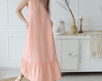 Summer Chic: Long & Loose Summer Linen Dress with Pockets and V Cut Neckline