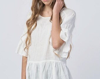 Organic Linen Feminine White Tunic Tank Top - Loose Fit Blouse with Ruffle Hem