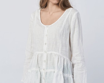 Linen Top, White Blouse & Tunic for Women – Long Sleeve and Round Neckline