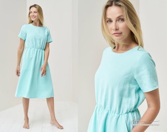 Entspanntes Sommer Langes Leinen Kleid mit Kurzen Ärmeln und Taschen - Organic Linen Clothing