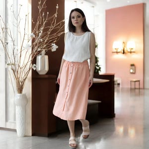 Soft Summer Linen Midi Skirt with Front Buttons for Women - Versatile and Flattering High Waist