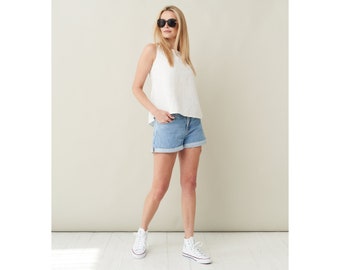 Blusa de lino sin mangas para mujer para verano: ¡camisa de lino holgada con detalle de botón en la espalda!