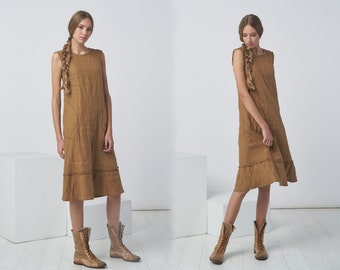 Loose Pure Linen Summer Dress with Round Neck and V-Back