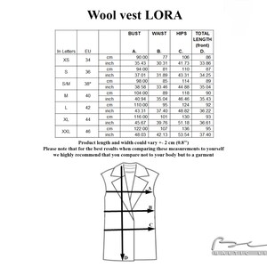 May include: A size chart for a wool vest with measurements in inches and centimeters for bust, waist, hips, and total length. The chart includes sizes XS to XXL.