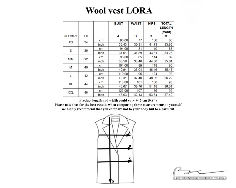 May include: A size chart for a wool vest with measurements in inches and centimeters for bust, waist, hips, and total length. The chart includes sizes XS to XXL.