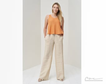 Womens Wide Leg Linen Pants in 6 Colors - Palazzo Style with Side Pockets