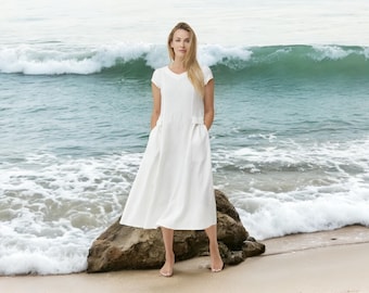 Vestido de verano de lino de corte relajado - Vestido de lino suave para mujer con mangas y bolsillos