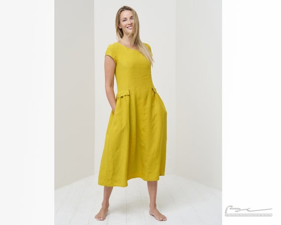 Loose Linen Summer Dress with Sleeves and Pockets - Natural Organic Fabric for Comfort