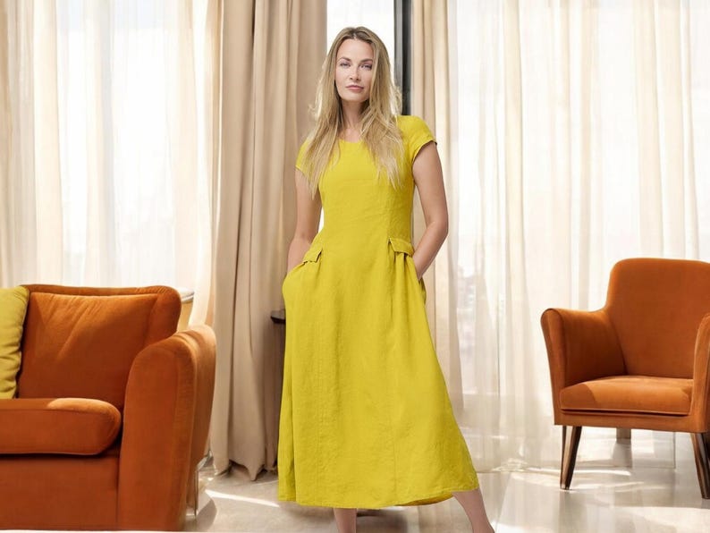 Loose Linen Summer Dress with Sleeves and by BalticLinenArt