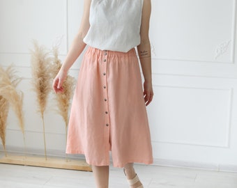 Soft Summer Linen Midi Skirt with Front Buttons for Women - Versatile and Flattering High Waist