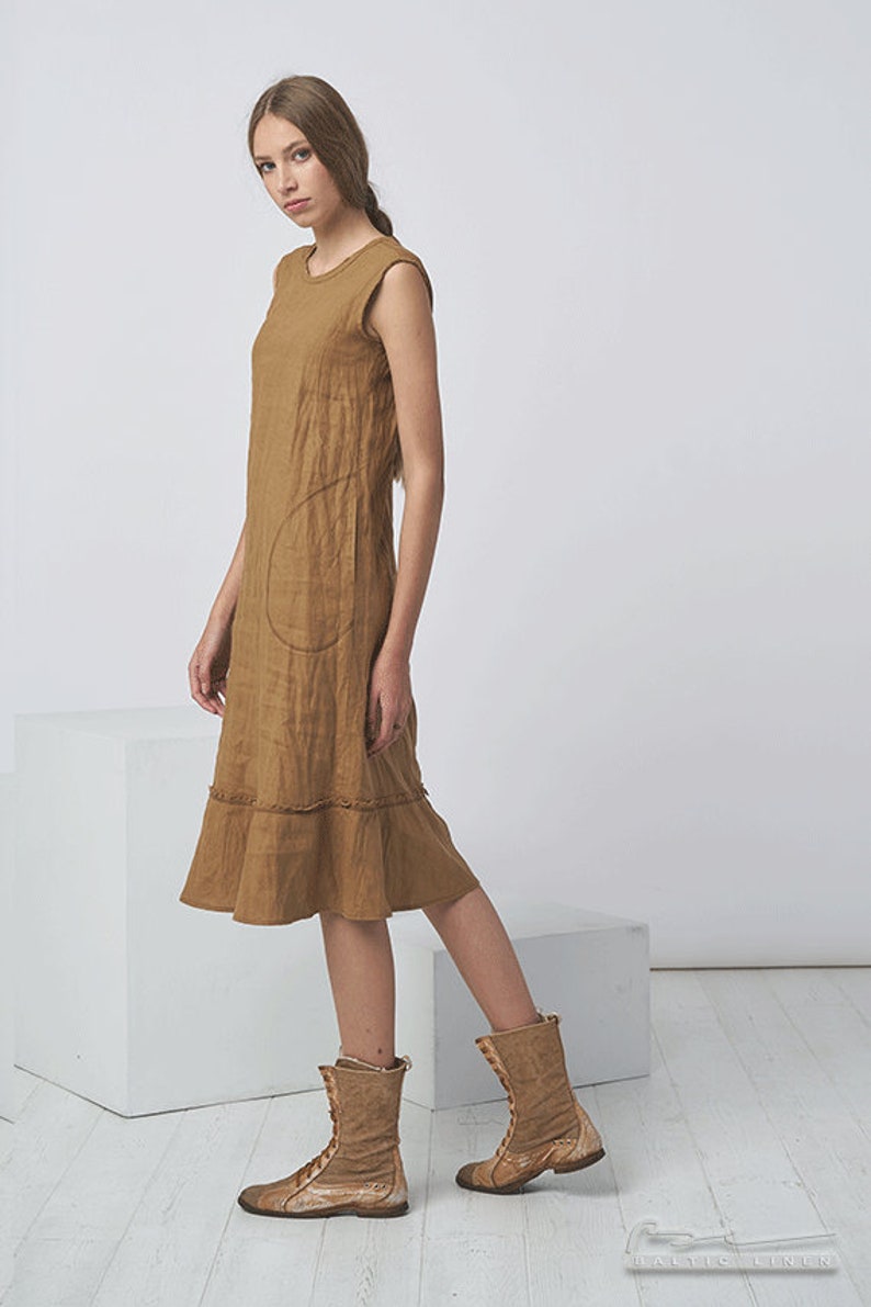 Women Summer Retro Pure Color Linen O Neck Dress main image 0