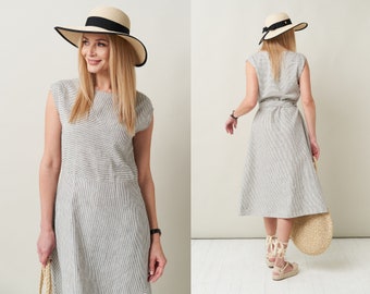 Stay Cool with our Striped Linen Summer Dress - Loose and Comfortable Womens Dress with Belt