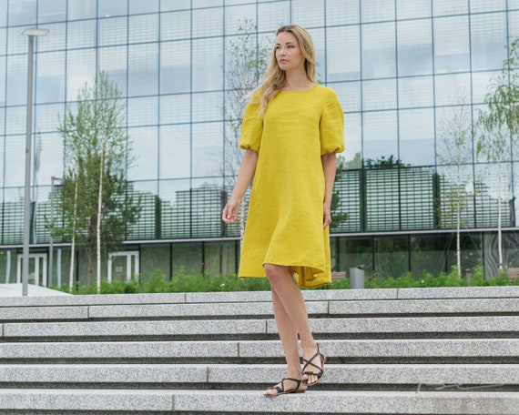 knee length dresses for ladies Blue and Yellow Linen Summer Dresses Women Loose Clothes S / Yellow