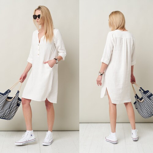 Linen tunic summer dress. Long sleeve linen dress with pockets.